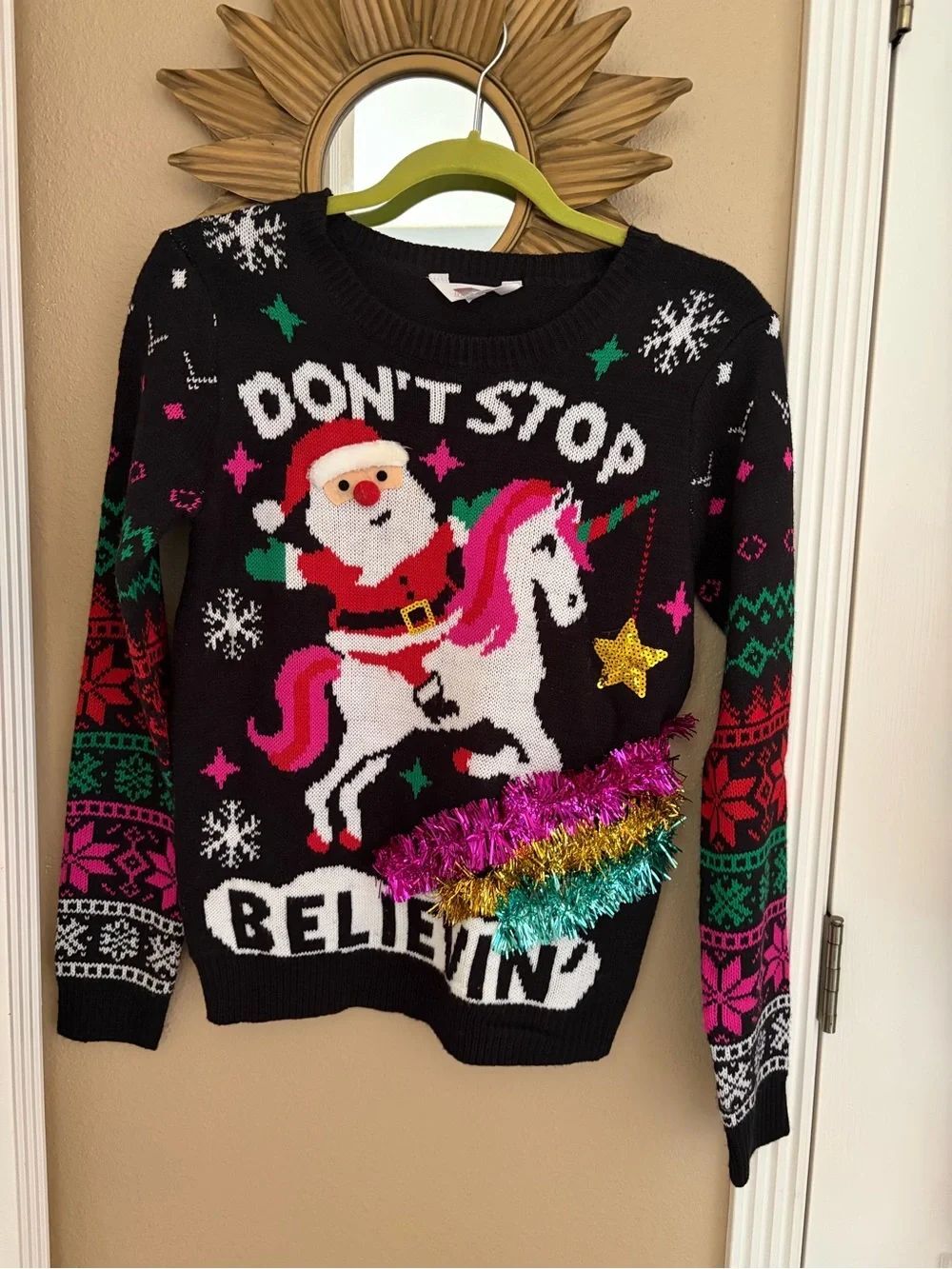 No Boundaries Santa Riding Unicorn Don’t Stop Believing Kids Christmas Sweater